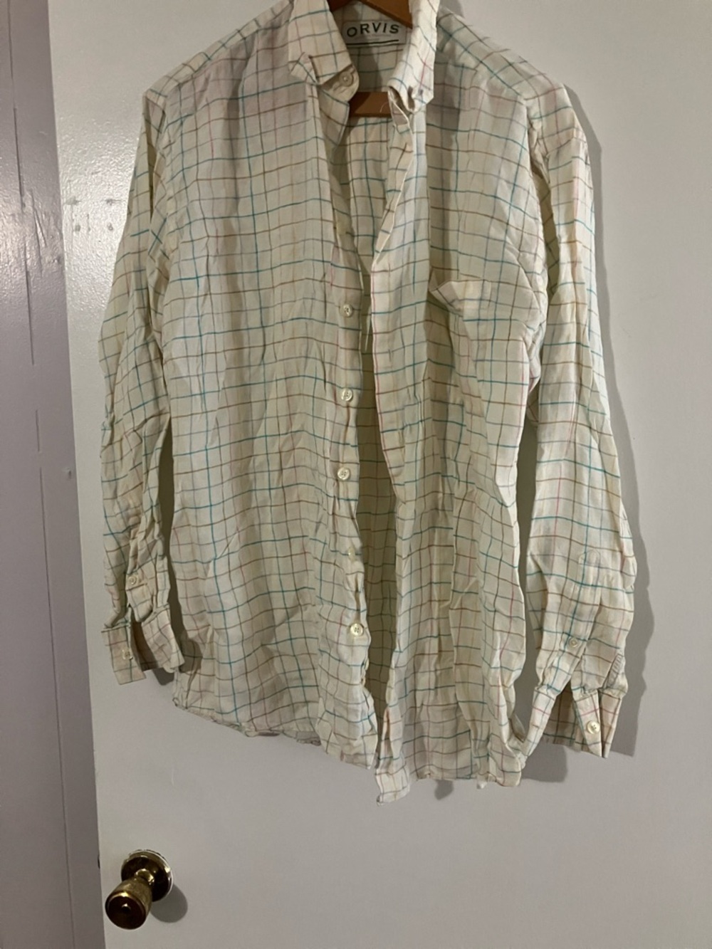 Orvis Cream Plaid Long-Sleeve Button-Down Shirt with Blue & Pink Grid 100 linen